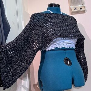 Black Shimmering Knit Shrug with Batwing Sleeves